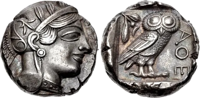 Silver tetradrachm of Athens, 5th century BC, with Athena on the front and her owl on the back