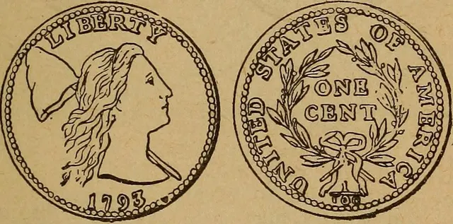 1889 woodcut of the front and back of a 1793 Liberty Cap cent, from William Von Bergen's coin price guide