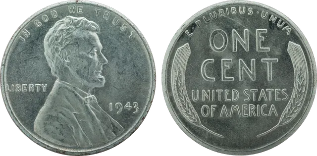 Obverse and reverse of a 1943 Lincoln cent struck in zinc-coated steel, showing Lincoln's portrait and the wheat-ear reverse