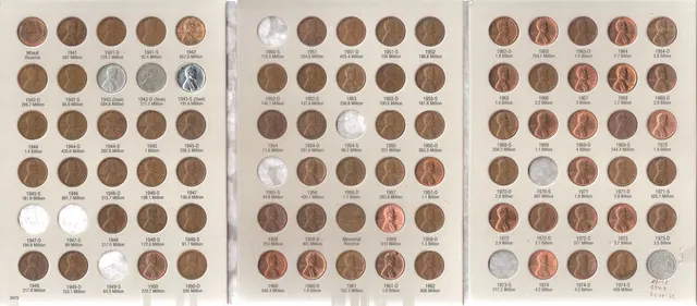 A Whitman coin folder for Lincoln cents from 1941 to 1974, open to show three pages of copper cents with a few empty holes