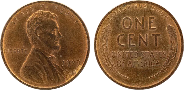 Obverse and reverse of a 1909 Lincoln wheat cent showing Lincoln's portrait and two wheat ears