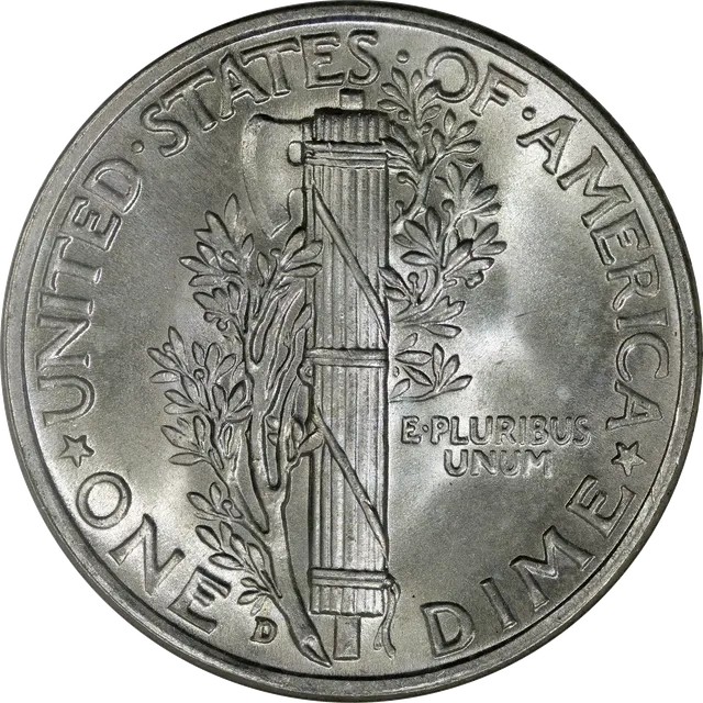 Reverse of a 1943-D Mercury dime, with the small D mint mark at the bottom left of the bundle of rods