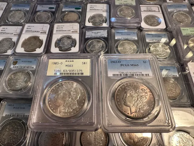 Rows of PCGS and NGC graded Morgan silver dollars in plastic slabs