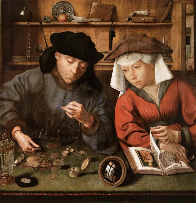 Painting of a moneylender weighing coins on a small balance while his wife looks on, from 1514