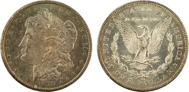 Obverse and reverse of an 1878 Morgan silver dollar from the Carson City mint, with the CC mint mark below the eagle