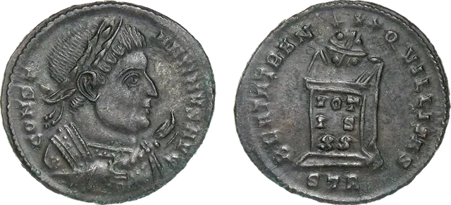 Bronze coin of Constantine the Great struck at Trier, about AD 321–323, showing the emperor's bust with a sceptre and an altar inscribed VOTIS XX