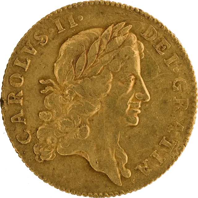 Gold guinea of Charles II, 1664, one of the first guineas, with the king's laureate bust