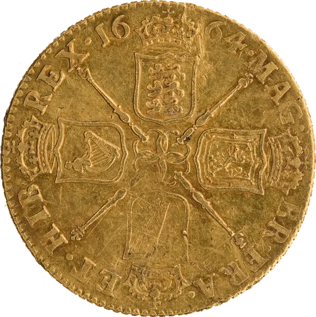 Reverse of the 1664 guinea: four crowned shields arranged in a cross, with sceptres between them