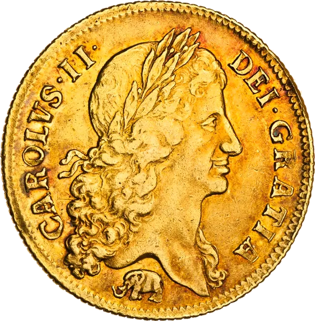 Gold two-guinea piece of Charles II: obverse with the laureate head of the king facing right above a small elephant; reverse with four crowned shields arranged in a cross with sceptres between them, dated 1664