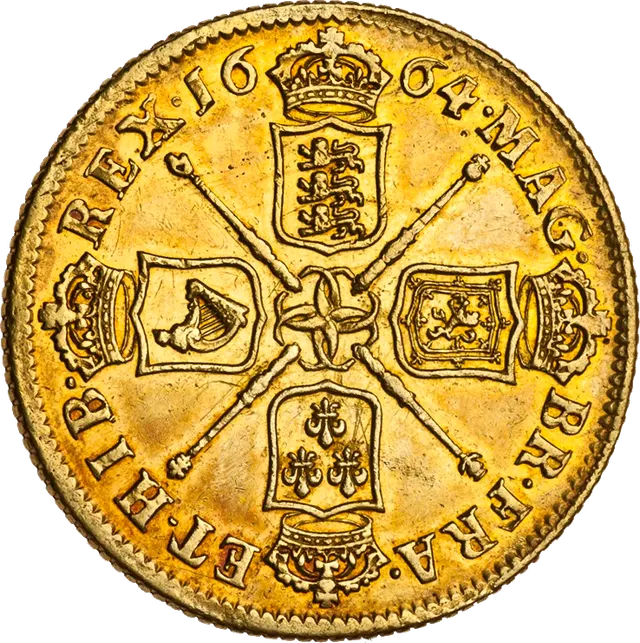 Gold two-guinea piece of Charles II: obverse with the laureate head of the king facing right above a small elephant; reverse with four crowned shields arranged in a cross with sceptres between them, dated 1664