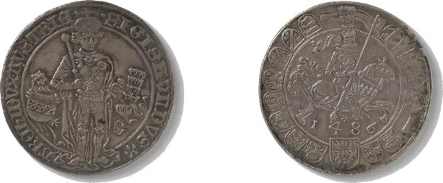 Both sides of Archduke Sigismund's 1486 silver guldiner from Hall: the archduke standing with a sceptre, and a mounted knight above the date 1486