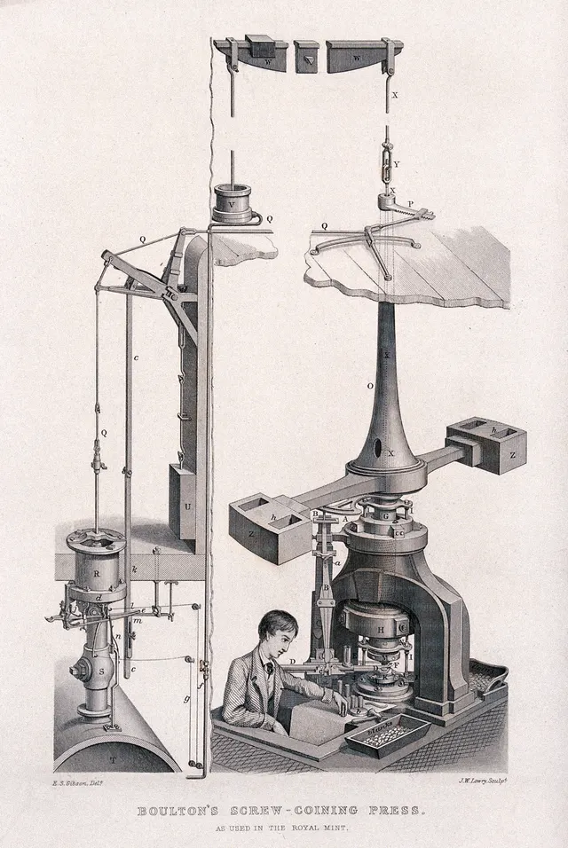 19th-century engraving of Matthew Boulton's coining press as used at the Royal Mint, with a boy feeding blanks