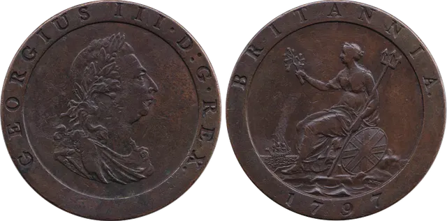 1797 "cartwheel" penny struck at Matthew Boulton's steam-powered Soho Mint, showing George III on the front and Britannia on the back