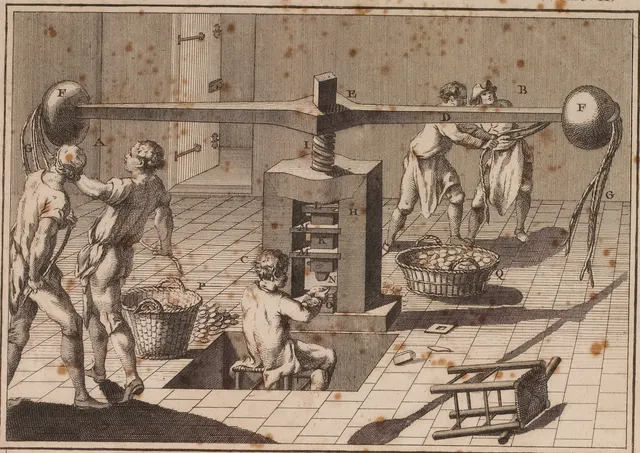 18th-century engraving of coiners swinging the weighted arms of a screw press while another worker feeds blanks between the dies