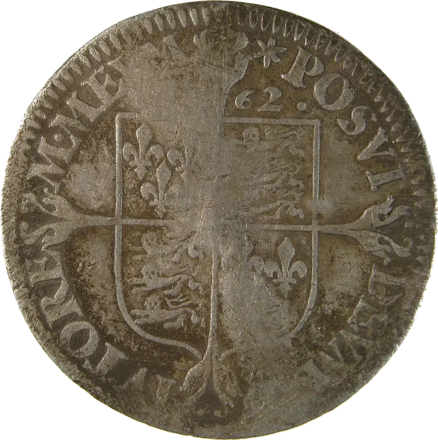 Reverse of the 1562 milled sixpence: the royal shield on a cross, dated 62