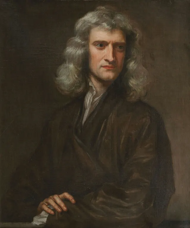 Godfrey Kneller's 1689 portrait of Isaac Newton with long grey hair, in a dark robe