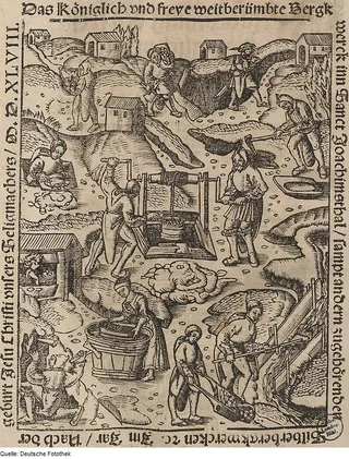 1548 woodcut of the silver mine at Sankt Joachimsthal, with miners hauling, washing and smelting ore among hillside huts