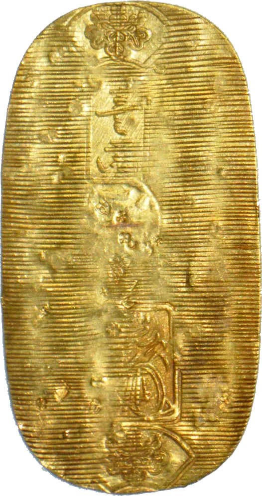 Front of a Keicho koban, an oval gold coin of 1601 covered in fine hammered lines, stamped with paulownia crests, the value one ryo and the Goto family mark