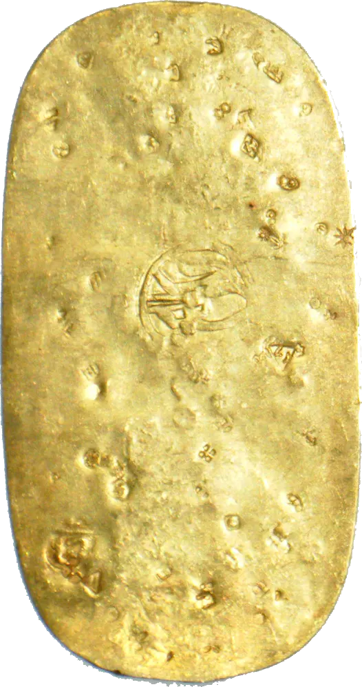 Back of the Keicho koban: a plain gold surface with small seal stamps