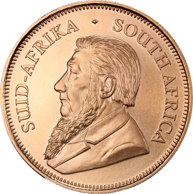 Gold Krugerrand showing the bust of Paul Kruger facing left, inscribed SUID-AFRIKA SOUTH AFRICA