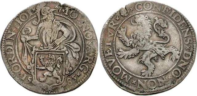 Dutch lion daalder of Holland, 1585: an armoured knight above a shield on one side and a rampant lion on the other