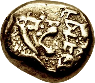 Electrum trite of Lydia: obverse with a roaring lion's head facing right beside a Lydian inscription; reverse with two square incuse punches