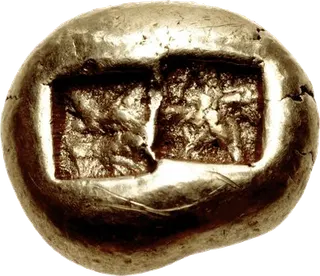 Electrum trite of Lydia: obverse with a roaring lion's head facing right beside a Lydian inscription; reverse with two square incuse punches