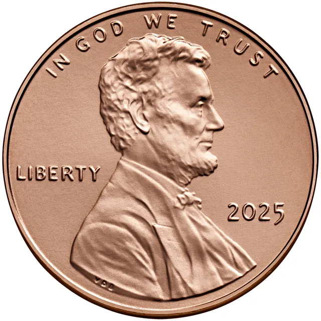 Obverse of a 2025 Lincoln cent showing Abraham Lincoln in profile