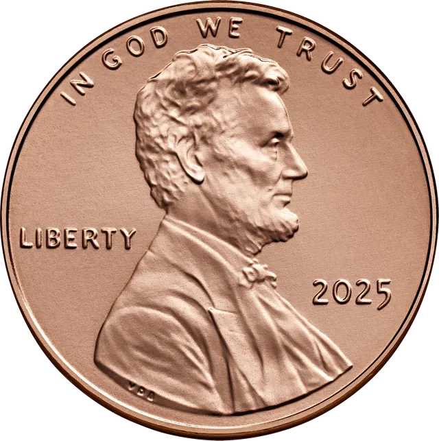 Obverse of a 2025 Lincoln cent showing Abraham Lincoln in profile