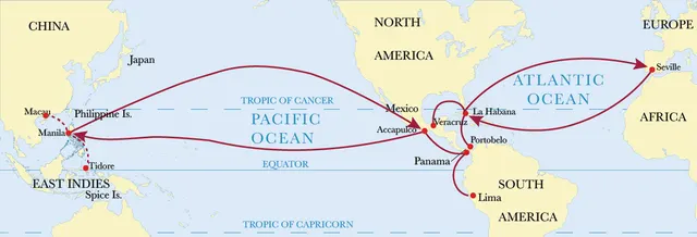 Map of the Manila galleon route across the Pacific from Manila to Acapulco, then overland and by sea to Seville