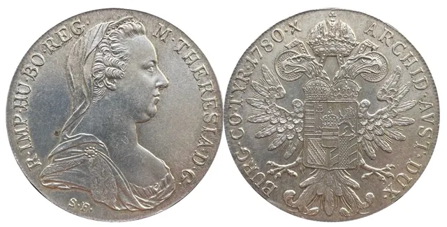 Both sides of a Maria Theresa silver thaler dated 1780, showing the empress and the Habsburg double eagle