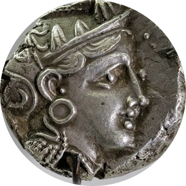 Silver tetradrachm of Athens showing the helmeted head of Athena, about 450 BC