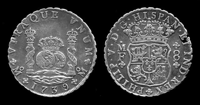 Spanish silver 8 reales of Philip V, Mexico City 1739, with two globes between the Pillars of Hercules