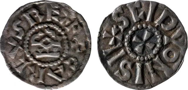 Silver denier of Charlemagne, about 800, with his Latin legend around a central design