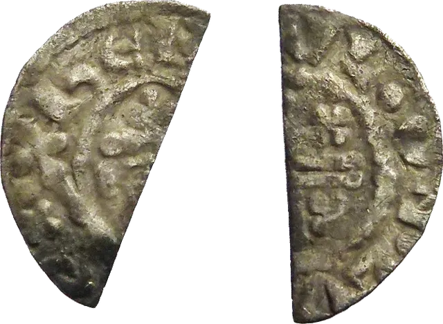 Half of a Henry II Short Cross penny, cut along the cross, shown on both faces