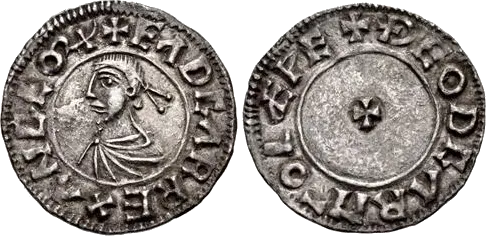 Reform penny of King Edgar, 973–975: diademed bust facing left, and a small cross ringed by the moneyer's and mint's names