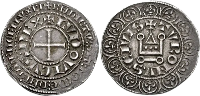 Gros tournois of Louis IX, 1266–1270: a cross with LVDOVICVS REX, and the castle of Tours inside a ring of twelve lilies