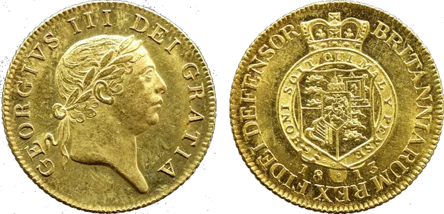 The 1813 "military" guinea of George III, the last guinea struck, with a crowned shield inside the Garter