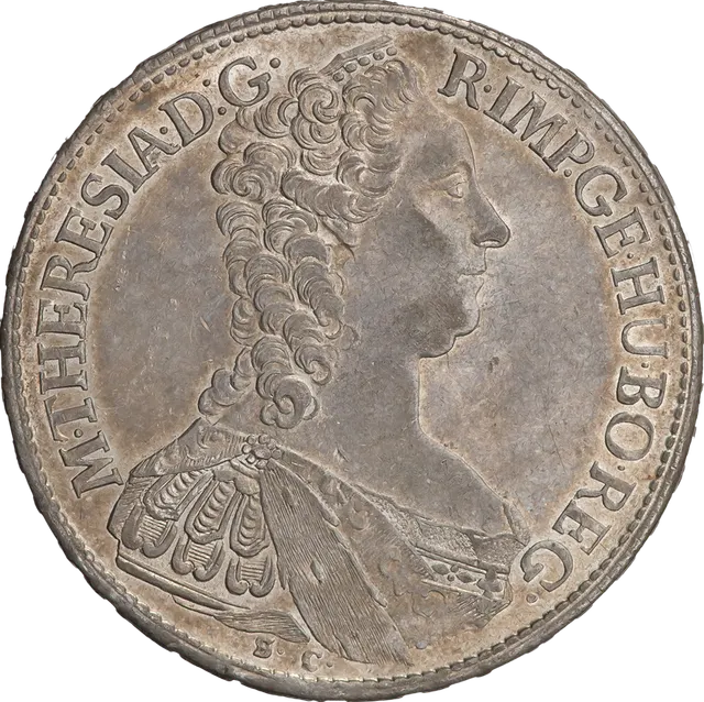 Maria Theresa thaler of 1765 from the Günzburg mint, showing the empress with her hair dressed up and no veil