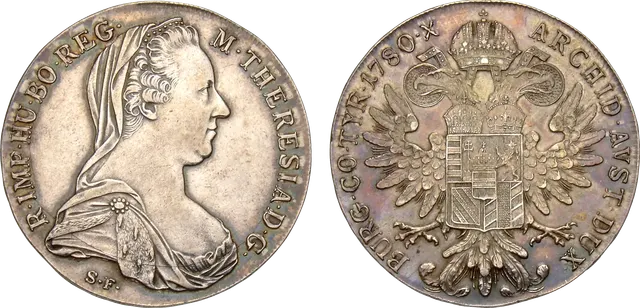 Both sides of a Günzburg thaler dated 1780: the veiled bust of Maria Theresa with S.F. below, and the crowned eagle and shield