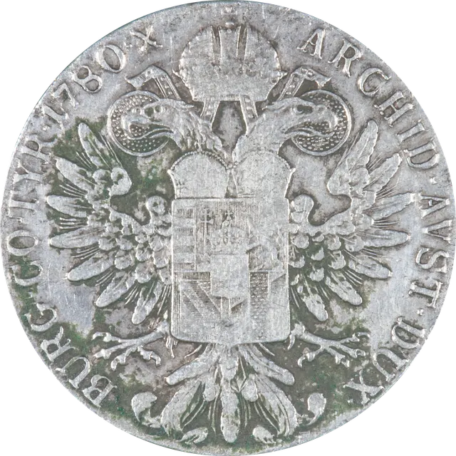 Reverse of a Maria Theresa thaler dated 1780, showing the crowned Habsburg double-headed eagle with a shield of arms