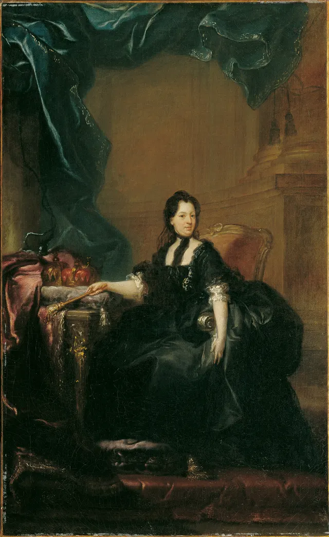 Painted portrait of Empress Maria Theresa seated in black mourning dress and veil, around 1770