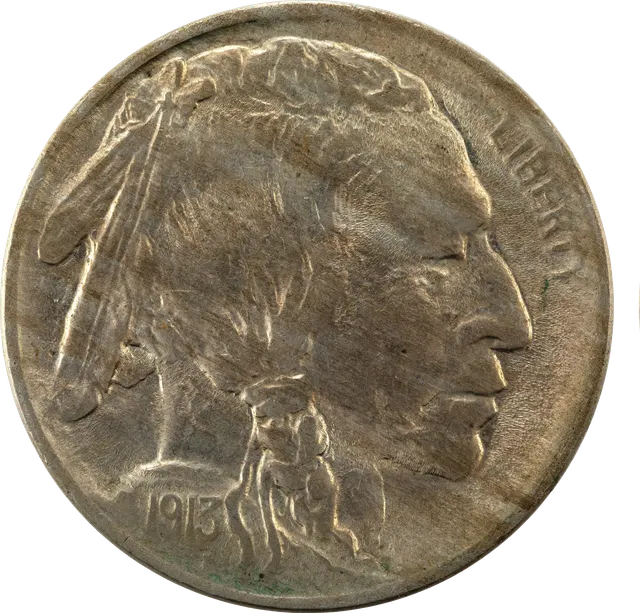 1913 Buffalo nickel, front: a Native American profile facing right
