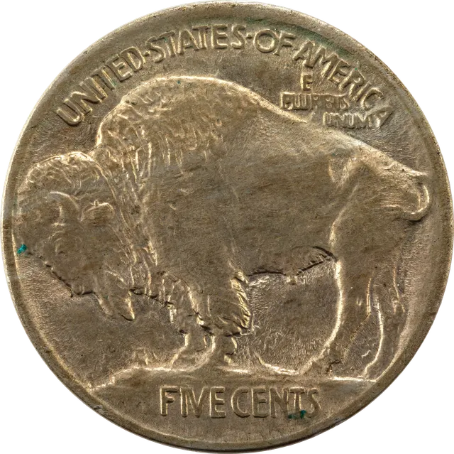 1913 Buffalo nickel, back: a bison standing on a raised mound above FIVE CENTS