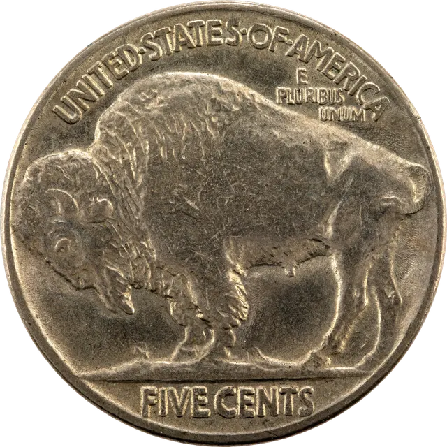 Type 2 Buffalo nickel reverse: the bison on flat ground, with FIVE CENTS set into a recess below