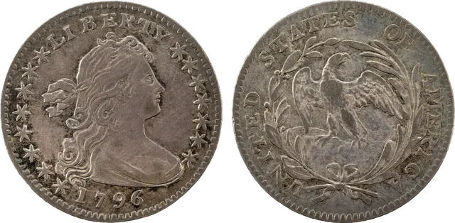 1796 half dime: Draped Bust Liberty on the front, and a small eagle in a wreath on the back