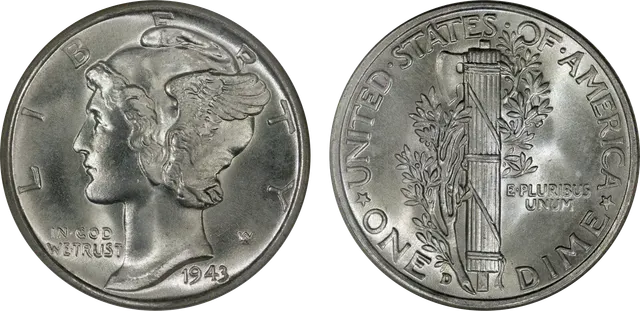 1943-D Winged Liberty Head dime: Liberty in a winged cap, the coin nicknamed the Mercury dime