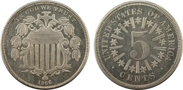 1866 Shield nickel: a heraldic shield on the front, a large 5 with stars and rays on the back