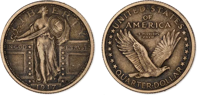 1917-D Standing Liberty quarter, first type: Liberty stepping through a gateway with a shield raised