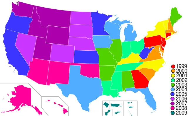 Map of the 50 states coloured by the year each state quarter came out, 1999 to 2008